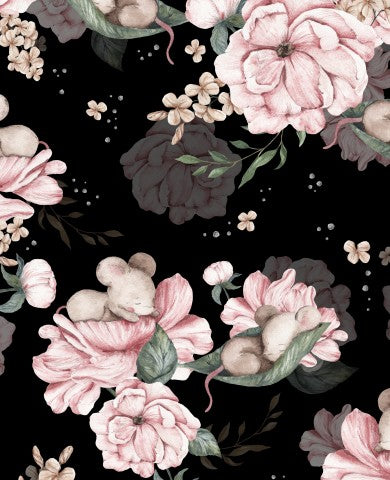 Muslin a black and white floral pattern with pink flowers