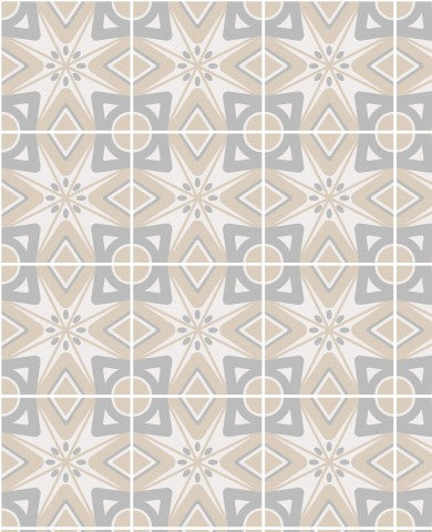 Waterproof fabric a beige, grey and white tile pattern