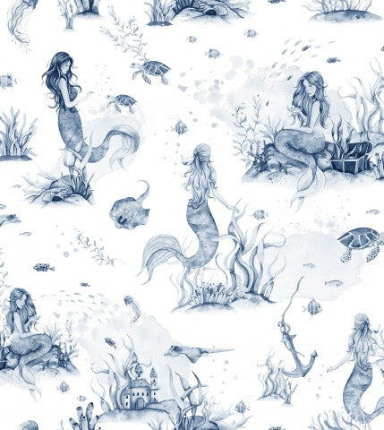 Jersey ein blau-weißes Muster mit Meerjungfrauen und Fischen