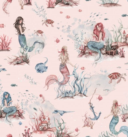 Rib Jersey Aquarell-Meerjungfrauen auf rosa Hintergrund