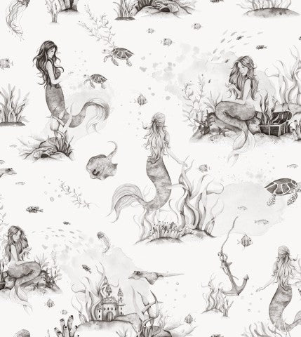 French Terry a black and white drawing of mermaids and fish