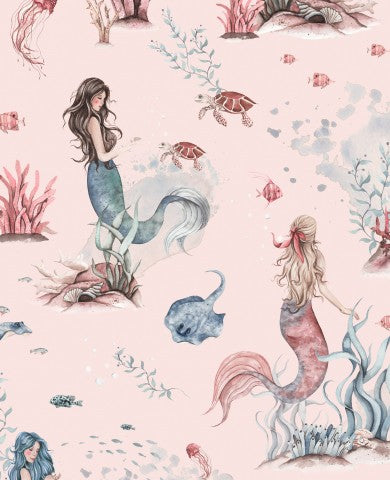 Panama mermaids and sea creatures in watercolor on a pink background