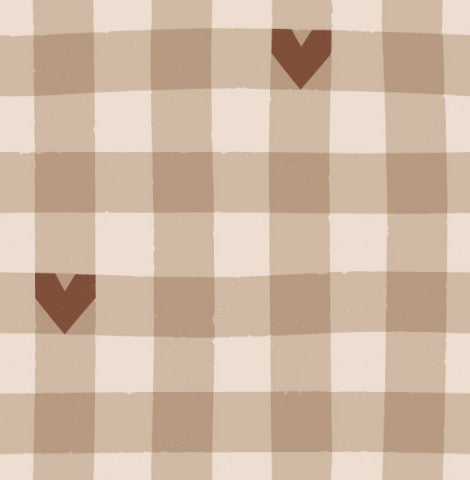 Scopri l'affascinante tessuto Canvas Cotton Mini Gingham con cuori color marrone pastello per il tuo prossimo progetto! Tessuto in cotone mini Gingham con motivo a cuori color marrone pastello.