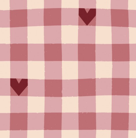 Muslin a pink and white checked fabric with hearts on it