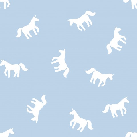 Satin de coton à motif de chevaux blancs sur fond bleu clair
