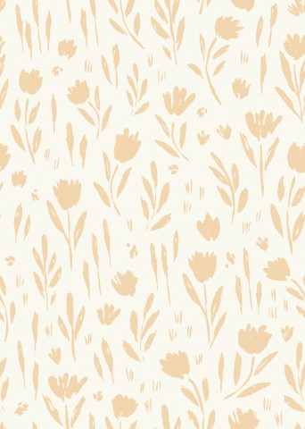 French Terry med et beige blomstermønster på en hvid baggrund