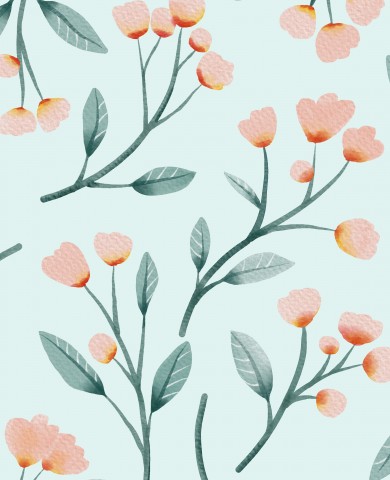 Satin cotton floral pattern with pink flowers and leaves