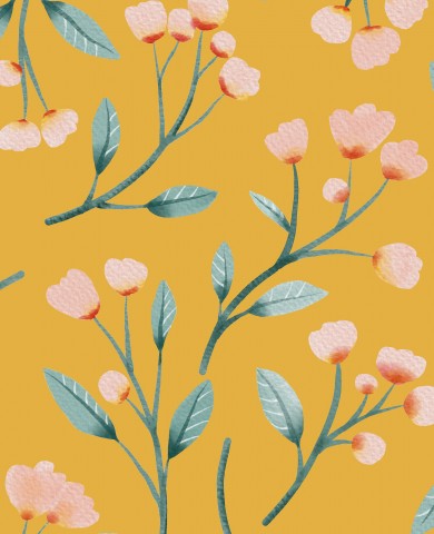 Muslin ett blommönster med rosa blommor på gul bakgrund