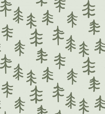 Minimalistische Winterlandschaften auf Baumwoll-Canvas: Tanne, Fichte und weitere Waldschönenheiten in grünem Ton auf weißem Hintergrund. Zum Nähen für Ihre be