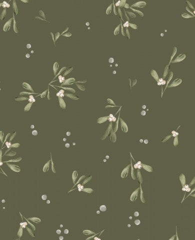 Satinbomull med grönt och vitt blommönster med blad och bär