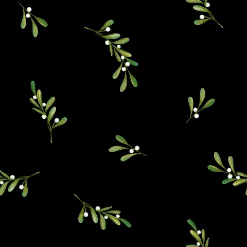 Muslin a pattern of green leaves and berries on a black background