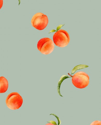French Terry pattern of peaches on a green background