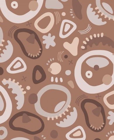 Vandtæt stof med en brun og beige baggrund med forskellige former og designs
