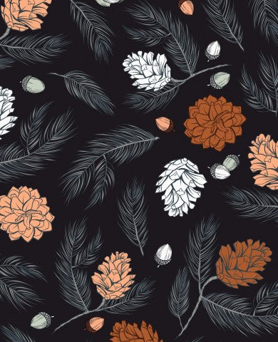 Wasserdichter Stoff ein schwarz-weißes Blumenmuster mit Tannenzapfen und Eicheln