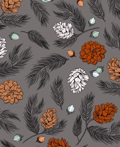 Muslin-fyrrekogler og agern på en grå baggrund