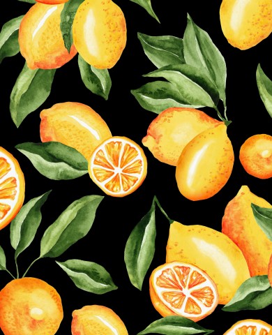 Panama akvarelmønster med citroner på sort baggrund