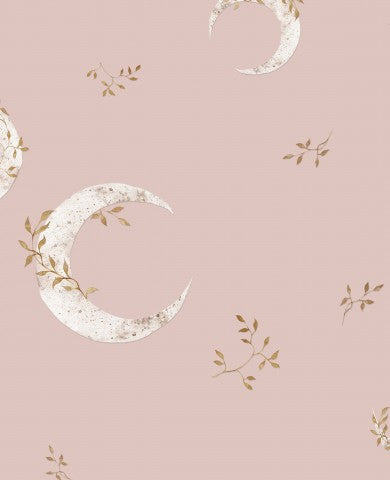 Musselin ein Halbmond- und Blättermuster auf einem rosa Hintergrund