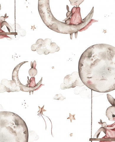 Motivo acquerello in cotone satinato con coniglietto e luna