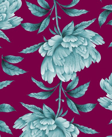 French Terry, un estampado floral con flores azules sobre un fondo morado.