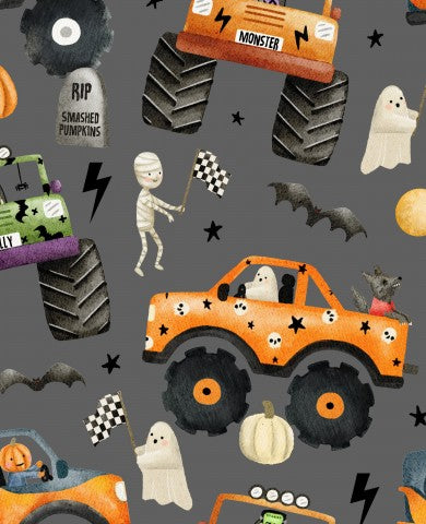 Halloween-artikler: Monstertrucks i kanvas i bomuld på grå - originale systoffer i metermål til dine Halloween-kostumer