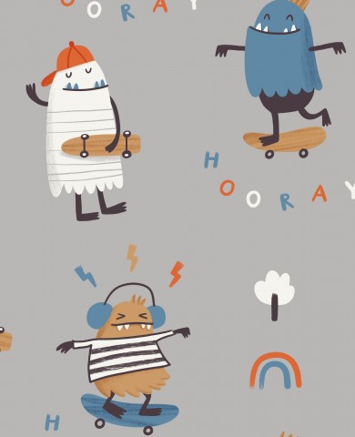 Satinbomull en grupp tecknade monster på skateboards och sparkcyklar