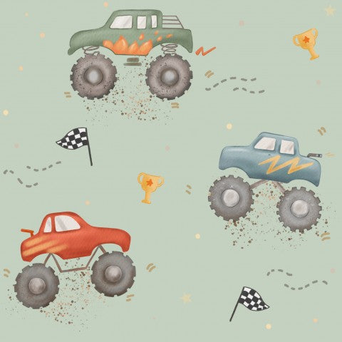 Satin cotton cartoon monster trucks on green background