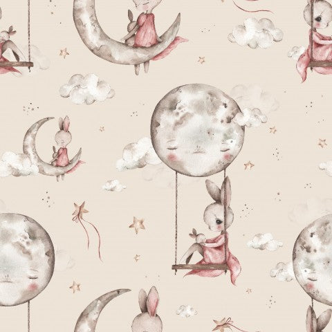 Tessuto impermeabile con un coniglietto su un'altalena e una luna