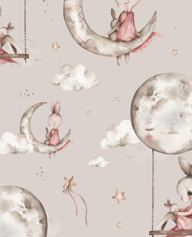 Waterproof fabric with a bunny and a moon on a swing