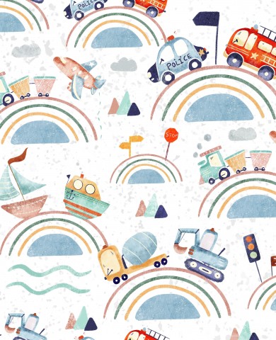 French Terry colorful vehicles and a rainbow