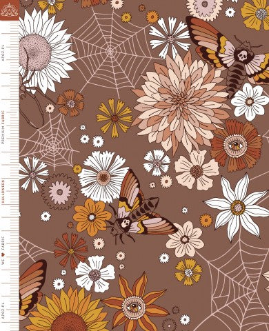 Mussola con motivo floreale marrone-arancio con farfalle e ragni