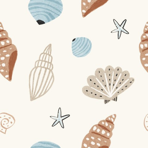 French Terry shells and starfish on a beige background