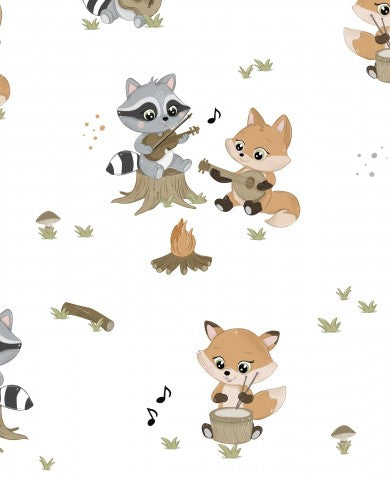 French Terry cute raccoons and mushrooms