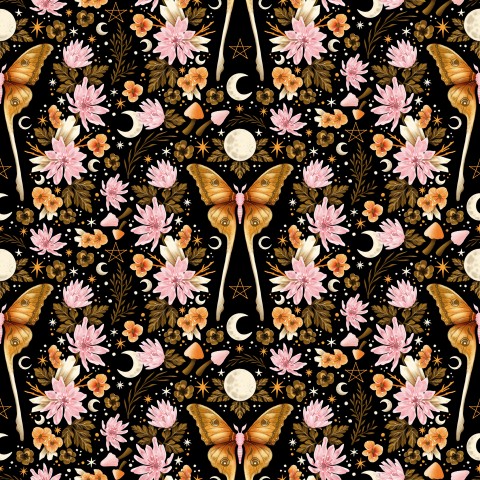 Muslin et sort og guld mønster med blomster og sommerfugle