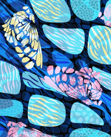 Abstract Artistry meets Nature's Beauty: Canvas Baumwolle Neon Blue - Abstract Layered Butterflies. Baumwoll-Meterware zum Nähen. Unikat-Design, jede Rolle ein