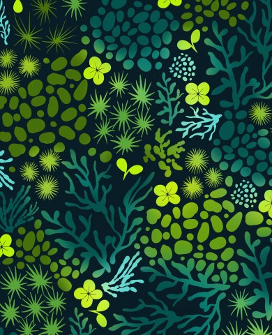 Satin Baumwolle ein grün-blaues Muster mit Pflanzen und Blumen