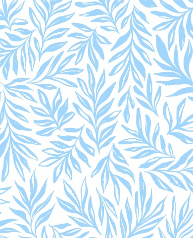Motivo in cotone satinato con foglie blu su sfondo bianco