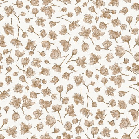 Waterdichte stof met een patroon van bruine bloemen op een witte achtergrond