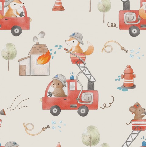Waterproof fabric with a fire engine and animals on it