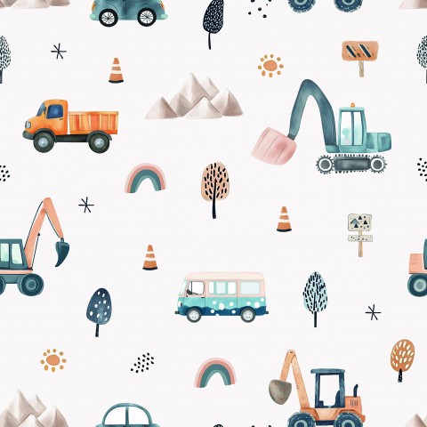 French Terry construction vehicles and trees