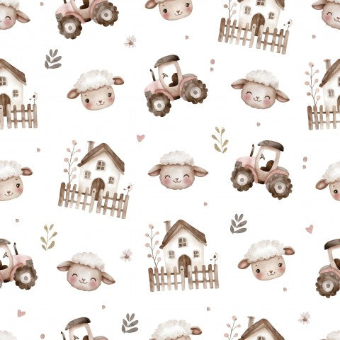 Cute Farm - Tessuto in tela di cotone 100% naturale! Amanti degli agnelli e del cotone, prendete nota: il nostro tessuto è pensato per il cucito, venduto al metro.