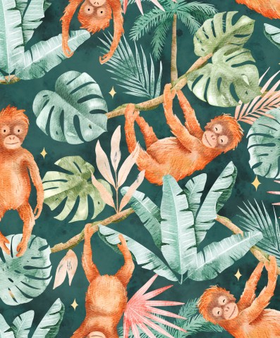 Jersey watercolor pattern with monkeys and leaves
