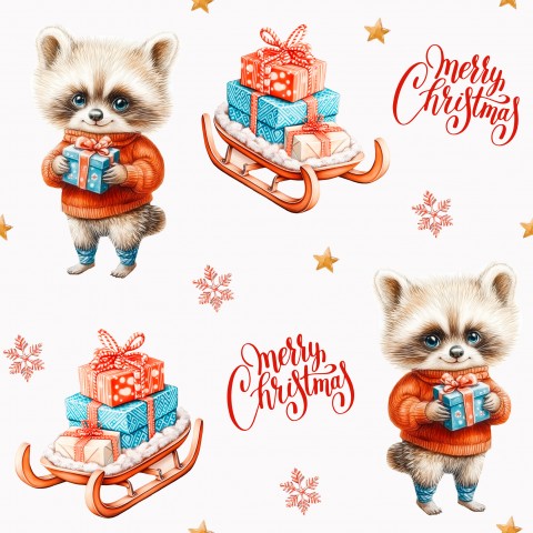 Motivo in mussola raffigurante un simpatico procione con regali di Natale