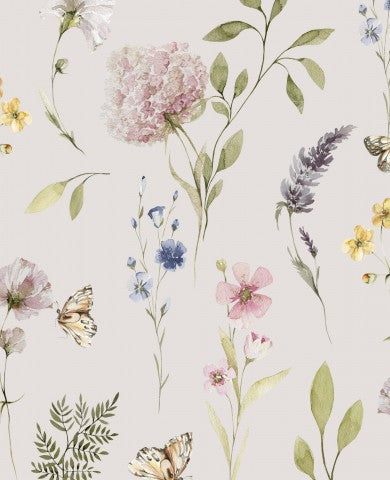 Akvarelblomster og sommerfugle i satinbomuld på en beige baggrund