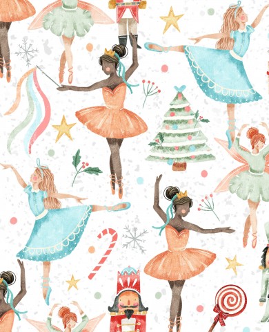 French Terry a watercolor Christmas pattern with a nutcracker and ballet dancers