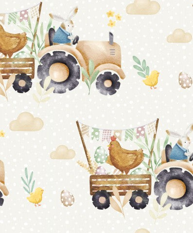 Muslin a watercolor pattern with a tractor and chickens on it