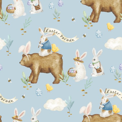 Satin Baumwolle Osterhasen und Bären auf blauem Hintergrund