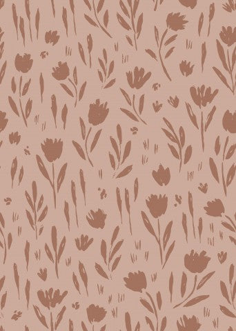 French Terry ein braun-beiges florales Tapetenmuster