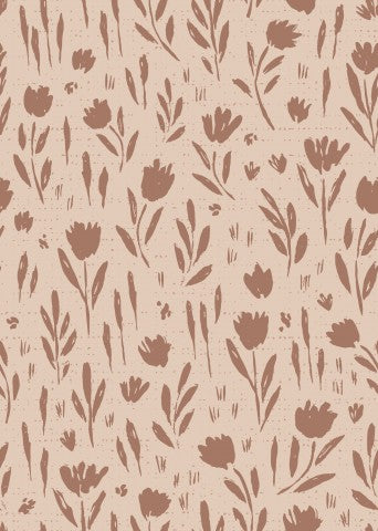 French Terry med et brunt og lysebrunt blomstermønster på en beige baggrund