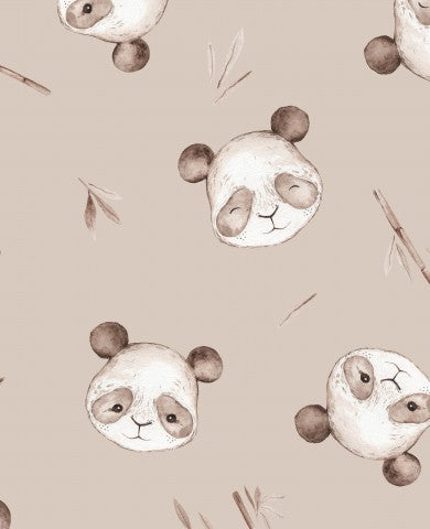 Fransk frotté med ett mönster av pandabjörnar på beige bakgrund