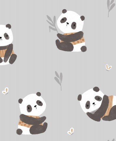 Muslinmønster af pandabjørne på en grå baggrund